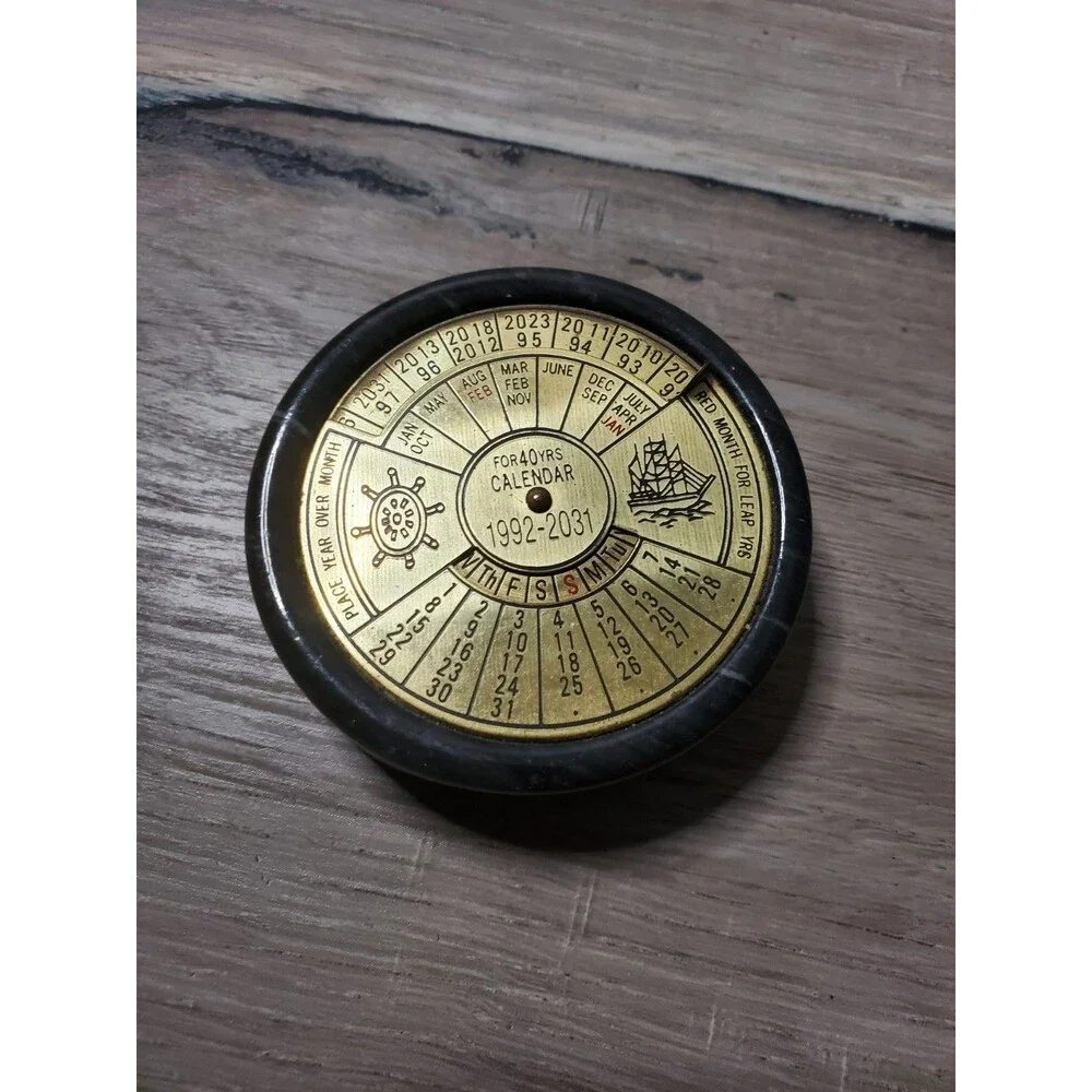 Vintage Brass 40 Year Perpetual Calendar Paperweight Marble Base 1992-2031